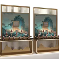 Cellar Collection Liquor Display On Golden Shelves With Chinese Landscape Backdrop