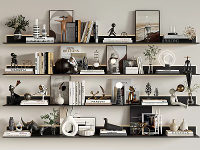 Modern Decorative Ornaments Collection on Shelves with Sculptures Vases Frames Books 3d model