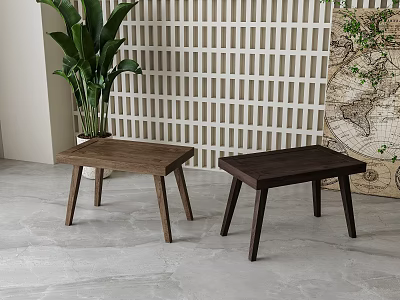 Two Light Brown And Dark Brown Wooden Stools In Modern Living Room With Green Plants White Grid Wall 3d model