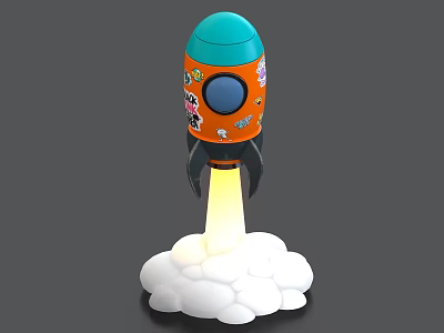 Colorful Orange Rocket Model With Turquoise Top Cartoon Stickers White Cloud Base And Yellow Flame 3d model