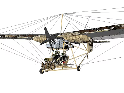 Camouflage Military Biplane With Propeller And Cable Wing Structure Design 3d model