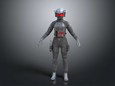 Futuristic Sci Fi Character in Tech Outfit with Helmet Red Goggles Gray Uniform Gloves and Boots 3d model