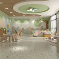 Kindergarten Classroom with Colorful Fences Wooden Tables Chairs Green Ceiling and Large Windows
