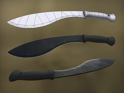 Three Different Knives Including Wireframe Model With Curved Blades And Handles 3d model