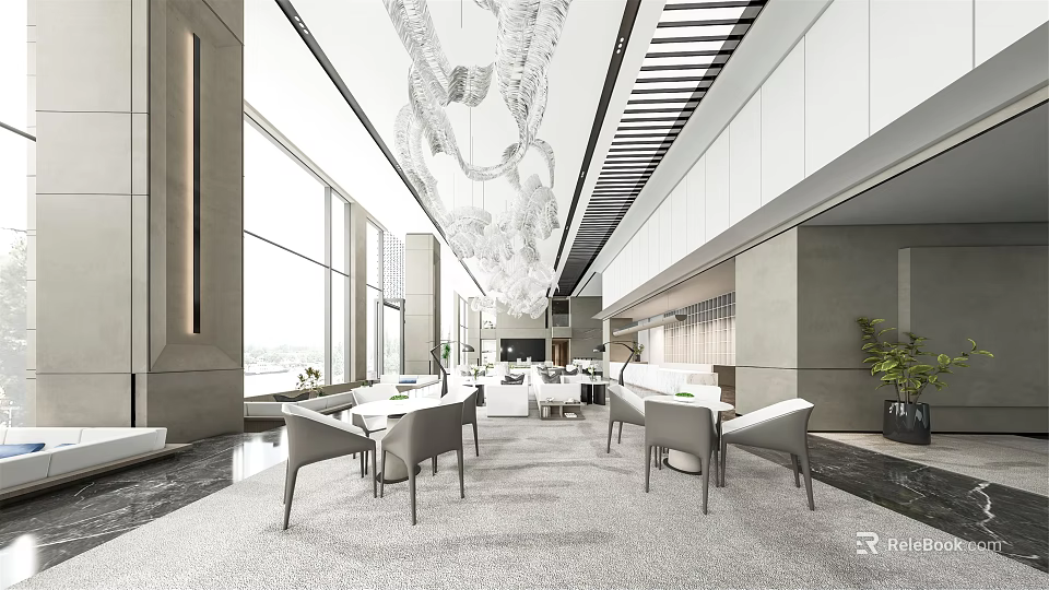 Modern Elegant Lounge Area Interior With Large Windows Chandelier Tables Chairs Carpet And Green Plants 3d model 