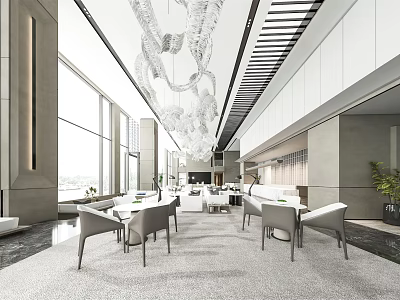 Modern Elegant Lounge Area Interior With Large Windows Chandelier Tables Chairs Carpet And Green Plants 3d model