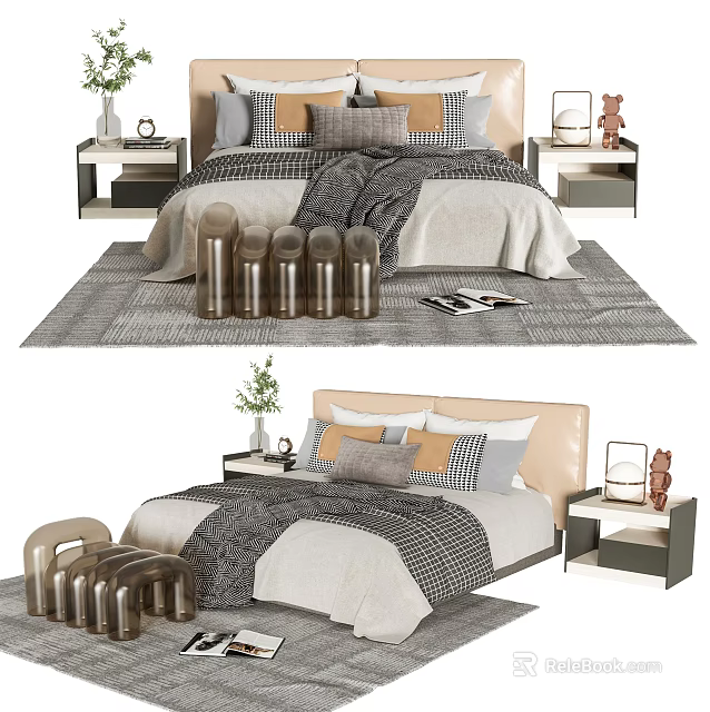 Modern Double Bed with Patterned Pillows Blanket Bedside Tables and Decorative Items on Area Rug 3d model