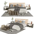 Modern Double Bed with Patterned Pillows Blanket Bedside Tables and Decorative Items on Area Rug 3d model