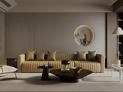 Elegant Modern Living Room Interior With Beige Sofa Circular Art Wooden Coffee Table Floor Lamp 3d model
