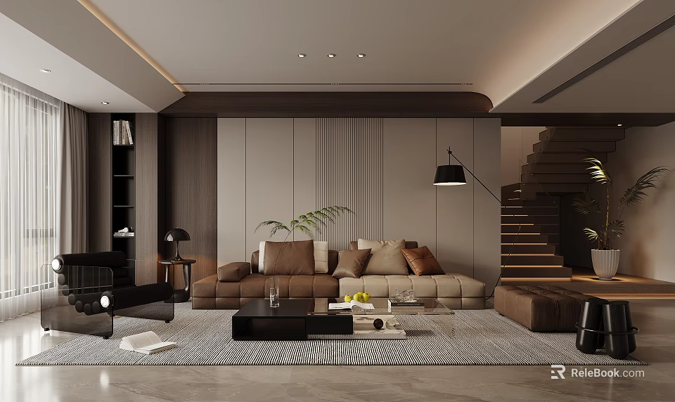 Elegant Modern Living Room Interior With Sofa Coffee Table Rug Floor Lamp And Staircase 3d model 