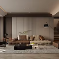 Elegant Modern Living Room Interior With Sofa Coffee Table Rug Floor Lamp And Staircase