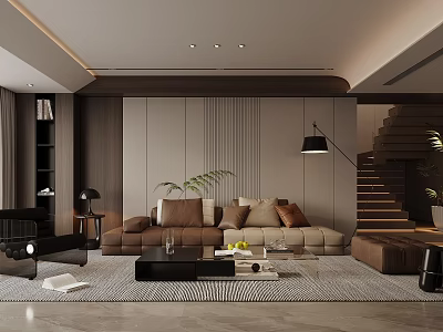 Elegant Modern Living Room Interior With Sofa Coffee Table Rug Floor Lamp And Staircase 3d model