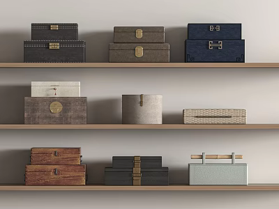 Variety Of Stylish Storage Boxes Displayed On Shelves 3d model
