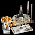 Decorative Ornament Set With Oranges Champagne Bottle Crystal Glasses Gold Candles Christmas Trees And Pinecones 3d model