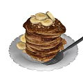Fluffy Pancakes Stack Topped With Banana Slices Peanut Pieces Syrup On White Plate With Fork