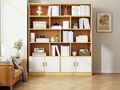 Stylish Wooden Bookcase With Multiple Shelves Books Decorative Items And White Cabinet Doors 3d model