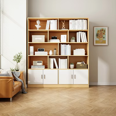Stylish Wooden Bookcase With Multiple Shelves Books Decorative Items And White Cabinet Doors 3d model