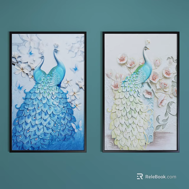 Decorative Peacock Paintings with Blue Green Feathers and Floral Accents for Wall Art 3d model 