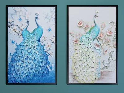 Decorative Peacock Paintings with Blue Green Feathers and Floral Accents for Wall Art 3d model
