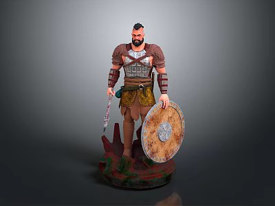 Ancient Warrior Man in Armor Holding Shield and Sword Standing Pose 3D Figure 3d model