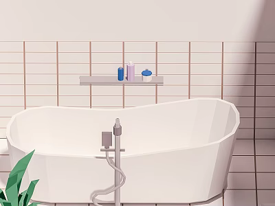 Modern Freestanding Bathtub with Tile Wall and Bath Products on Shelf Green Plant 3d model