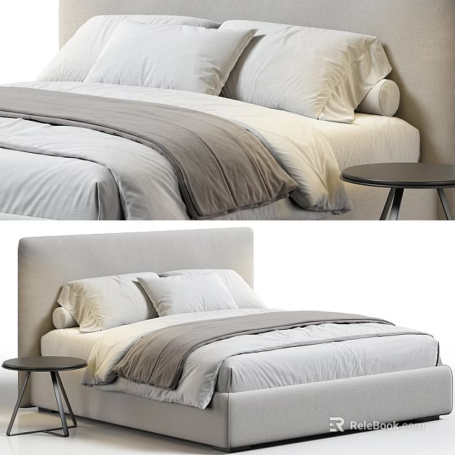 Modern Bedroom Bed With White Pillows Gray Blanket Light Headboard And Black Side Table 3d model 