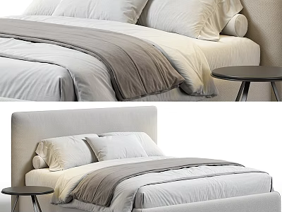 Modern Bedroom Bed With White Pillows Gray Blanket Light Headboard And Black Side Table 3d model
