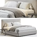Modern Bedroom Bed With White Pillows Gray Blanket Light Headboard And Black Side Table