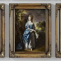 Multiple Classical Portrait Paintings in Ornate Frames with Historical Dresses and Background Details