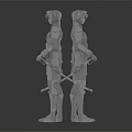 3D Character Model Front and Back Views With Blue Military Style Outfit And Sword