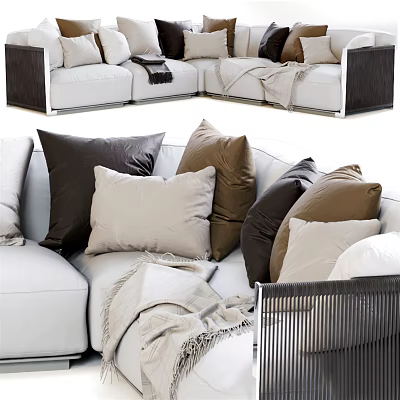 Plush White Sectional Sofa With Multiple Brown Beige Cushions And Soft Throw Blanket 3d model