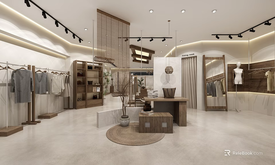 Elegant Modern Clothing Store Interior Design With Natural Wooden Displays And Soft Ambient Lighting 3d model 
