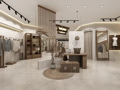 Elegant Modern Clothing Store Interior Design With Natural Wooden Displays And Soft Ambient Lighting 3d model
