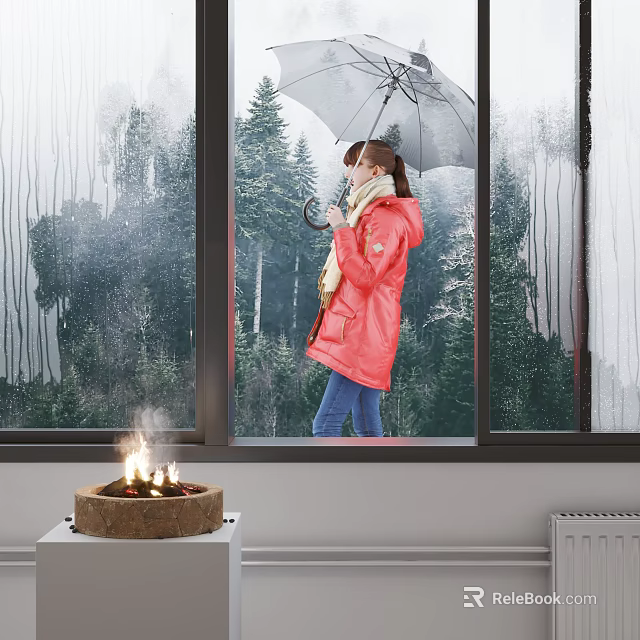 A Woman In Red Coat Holding Umbrella Standing By Window With Forest And Fire Pit 3d model 