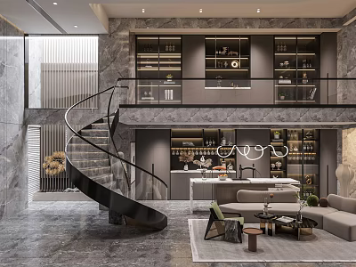 Modern Basement Interior Design With Spiral Staircase Lounge Area And Built In Bookshelves 3d model