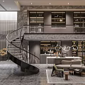 Modern Basement Interior Design With Spiral Staircase Lounge Area And Built In Bookshelves