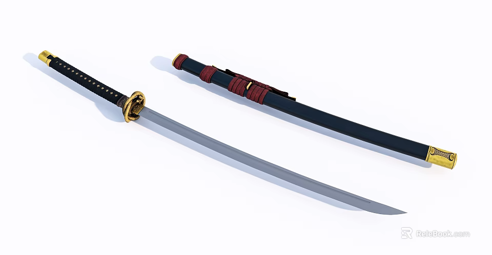 Traditional Samurai Sword With Silver Blade Red Black Hilt And Black Scabbard 3d model 