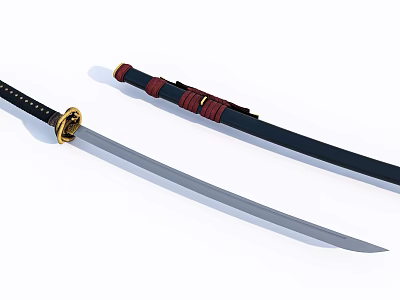 Traditional Samurai Sword With Silver Blade Red Black Hilt And Black Scabbard 3d model