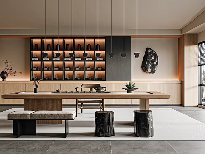 Traditional Tea Room Interior Design With Wooden Tea Table Hanging Lamps And Stone Stools 3d model