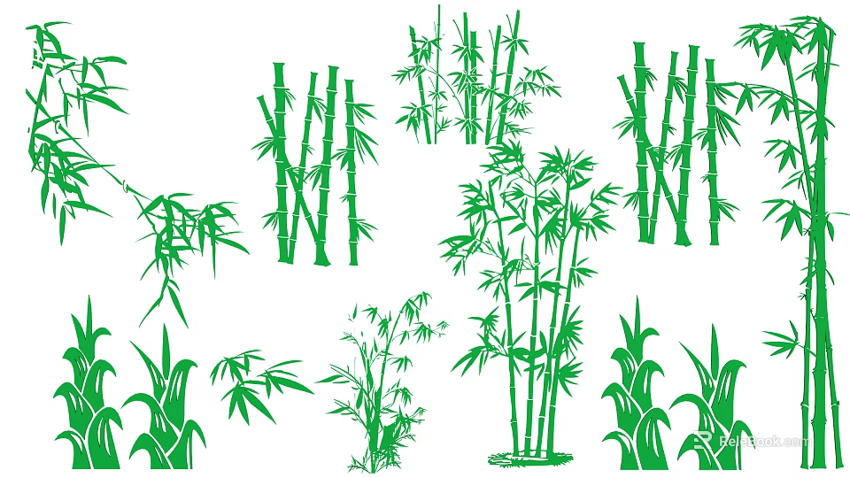 Green Bamboo Plants In Different Forms With Stems Leaves And Clumps 3d model