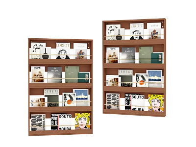 Brown Multi Layer Bookshelf Display With Decorative Ornament Set And Magazines 3d model