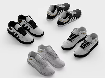 Stylish Casual Sneakers With Black White Color Gold Accents And Classic Lace Up Design 3d model