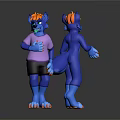 3D Blue Anthropomorphic Character Front Back Views Orange Hair Pink T Shirt Black Shorts