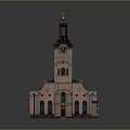 Classical Church Building With Clock Tower Golden Spire Green Roof And Pink Walls