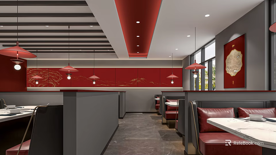 Stylish Restaurant Interior With Red Decor Red Pendant Lights Gray Counters And Marble Flooring 3d model 