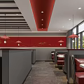 Stylish Restaurant Interior With Red Decor Red Pendant Lights Gray Counters And Marble Flooring