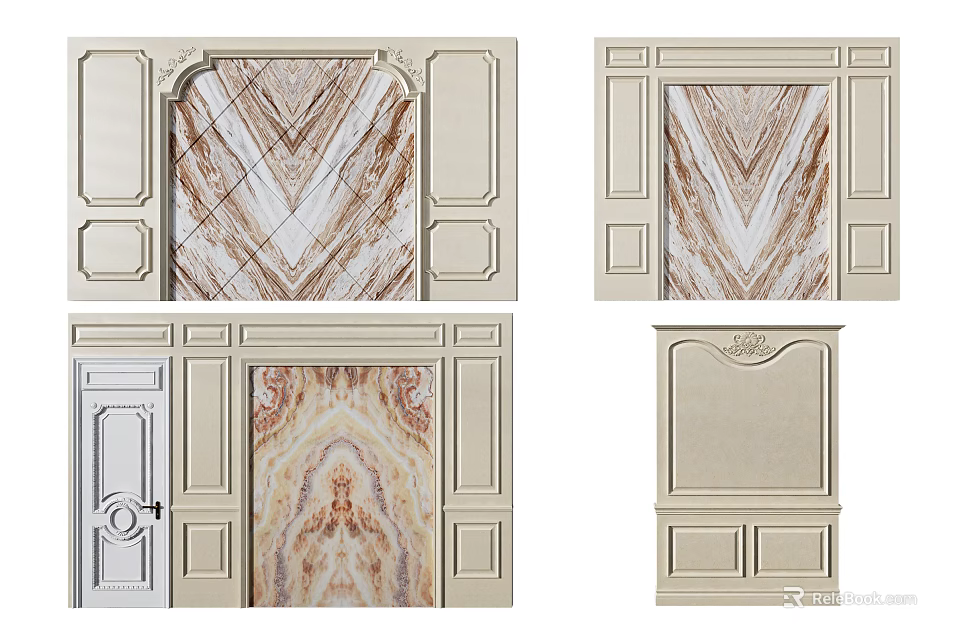 Elegant Sofa Background Wall Designs With Marble Texture And Decorative Moldings 3d model