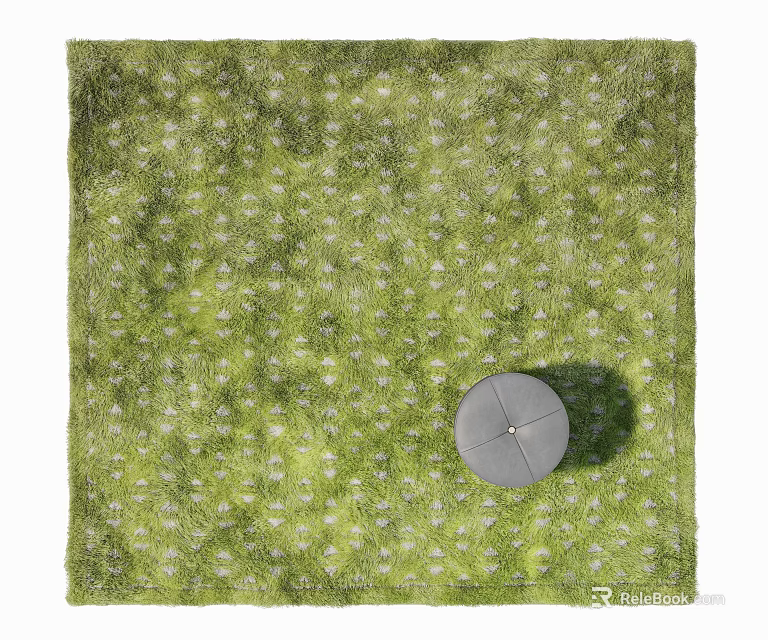 Green Square Rug With White Pattern In Interior Decor And Small Round Stool 3d model 