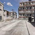 Historic Urban Street Scene With Old Buildings Power Lines And Blue Sky