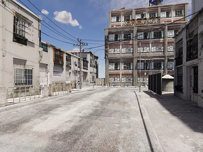 Historic Urban Street Scene With Old Buildings Power Lines And Blue Sky 3d model